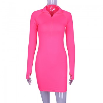 Neon Pink Green Long Sleeve Bodycon Dress Spring 2019 Zipper Stretch Casual Sexy Short Night Club Dresses